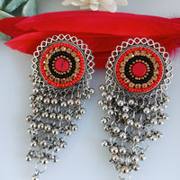 E0373_ Smashing German Silver oxidized danglers  with layered bead drops studded with stones (medium size hangings).