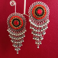 E0373_ Smashing German Silver oxidized danglers  with layered bead drops studded with stones (medium size hangings).
