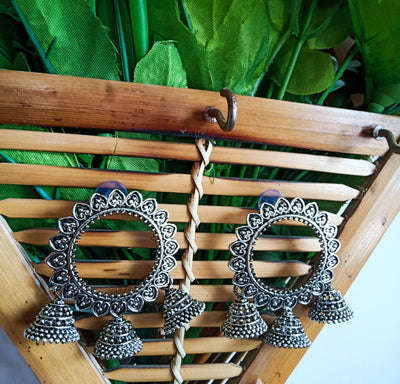 E0374_ Smashing German Silver oxidized ring earrings  with jumka drops (medium size ear drop).