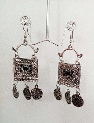 E0375_1 Smashing German Silver oxidized  crafted square shaped earrings studded with stones (medium size hangings).