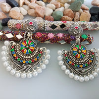 E0380_ Smashing German Silver oxidized crafted danglers  studded with multi color stones & pearl drops (medium size).
