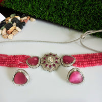 N0117_Classy  pink crystal choker necklace set with a over sized dazzling pendant studded  with  American diamond stones.