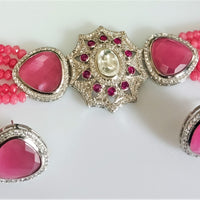 N0117_Classy  pink crystal choker necklace set with a over sized dazzling pendant studded  with  American diamond stones.