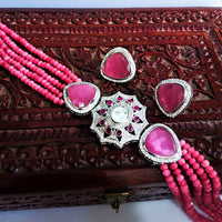 N0117_Classy  pink crystal choker necklace set with a over sized dazzling pendant studded  with  American diamond stones.