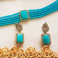 N0118_Classy sky blue color crystal choker necklace set studded  with  American diamond stones.