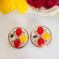 E0388_Classy yellow and red colored flower shaped stud earrings (small size).
