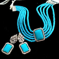 N0118_Classy sky blue color crystal choker necklace set studded  with  American diamond stones.