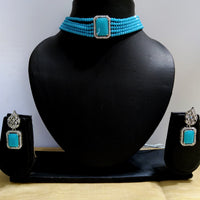 N0118_Classy sky blue color crystal choker necklace set studded  with  American diamond stones.