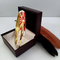B093_Classy Style white & golden Color Designed Meena Pital Enamel Bangles with base color Golden(Free Size)