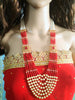 N0126_Classy Style Stunning Long Multilayered ‘Raani Haar’ Necklace set with off white pearls and red color crystal drops studded with American Diamond stones.