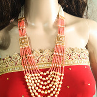 N044_Classy Style Stunning Long Multilayered ‘Raani Haar’ Necklace set with off white pearls and peach color crystal drops & studded with American Diamond stones.