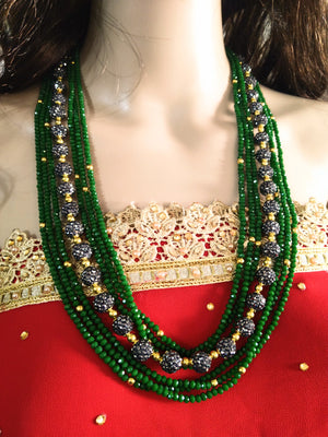 N014_Gorgeous bottle green colored crystal necklace studded with semi precious stones.