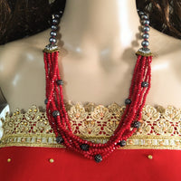 N0134_Gorgeous red color Crystal necklace set studded with stones with a touch of beads.