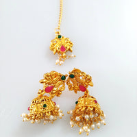 N0140_Gorgeous Micro Gold matte polish Temple jewelry necklace set studded with pink & green semi precious stones.