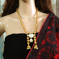 N0141_Classy Micro Gold plated necklace with over sized semi precious pendant stone with a touch of jumka drops along with pearls.