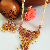 N0151_Elegant Matte Gold polish Temple jewelry style  Necklace set studded with pink ruby stones.