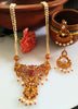 N0151_Elegant Matte Gold polish Temple jewelry style  Necklace set studded with pink ruby stones.