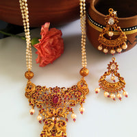N0151_Elegant Matte Gold polish Temple jewelry style  Necklace set studded with pink ruby stones.