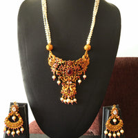 N0151_Elegant Matte Gold polish Temple jewelry style  Necklace set studded with pink ruby stones.