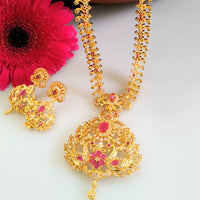 N0149_Elegant Micro Gold plated Necklace set studded  with American diamond stones with a touch of pink ruby stones.