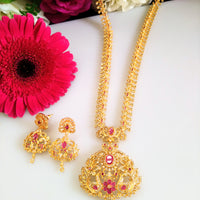 N0149_Elegant Micro Gold plated Necklace set studded  with American diamond stones with a touch of pink ruby stones.