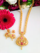 N0149_Elegant Micro Gold plated Necklace set studded  with American diamond stones with a touch of pink ruby stones.