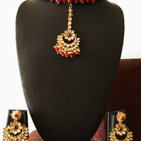 N0153_Classy Elaborated choker necklace set studded  with  Kundan stones with a touch of maroon beads & pearls.