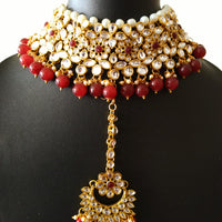 N0153_Classy Elaborated choker necklace set studded  with  Kundan stones with a touch of maroon beads & pearls.