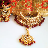N0153_Classy Elaborated choker necklace set studded  with  Kundan stones with a touch of maroon beads & pearls.