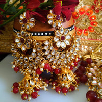 N0153_Classy Elaborated choker necklace set studded  with  Kundan stones with a touch of maroon beads & pearls.
