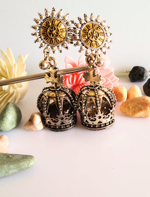 E0428_ Smashing German Silver oxidized crafted crown style jumkas with bead drops (medium size).