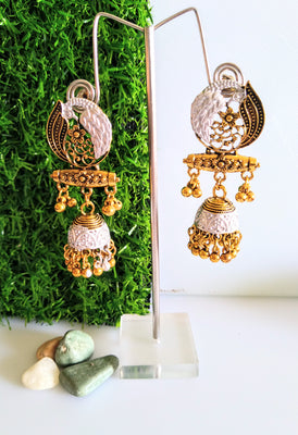 E0423_ Smashing German Silver oxidized crafted dual tone jumka with bead drops (medium size).