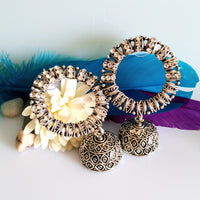 E0422_ Smashing German Silver oxidized crafted jumka studded stones & bead drops (medium size).