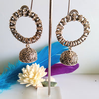 E0422_ Smashing German Silver oxidized crafted jumka studded stones & bead drops (medium size).