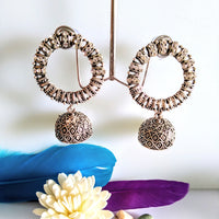 E0422_ Smashing German Silver oxidized crafted jumka studded stones & bead drops (medium size).