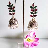E0425_ Smashing German Silver oxidized crafted jumka studded stones with bead drops (medium size).