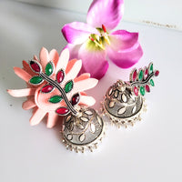 E0425_ Smashing German Silver oxidized crafted jumka studded stones with bead drops (medium size).