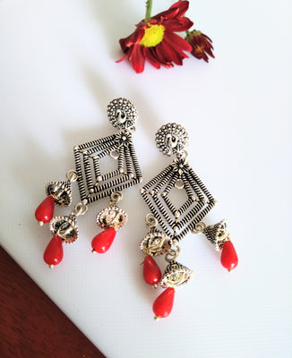 E0420_ Smashing German Silver oxidized crafted peacock design diamond shaped dangler with bead drops (medium size).