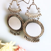 E0426_ Smashing German Silver oxidized crafted mirror danglers with bead drops (hangings).