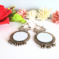 E0426_ Smashing German Silver oxidized crafted mirror danglers with bead drops (hangings).