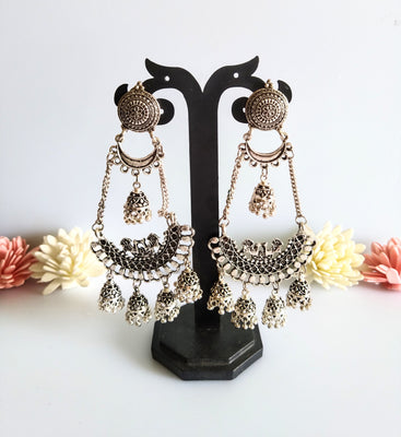 E0429_ Smashing German Silver oxidized crafted danglers with bead drops (long hangings).