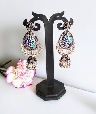 E0419_ Smashing German Silver oxidized crafted danglers with touch of bead drops & jumka (medium size).