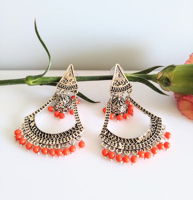 E0418_ Smashing German Silver oxidized crafted danglers with touch of bead drops (medium size).