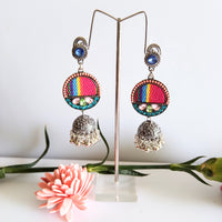 E0421_ Smashing German Silver oxidized crafted dangler with fabric pattern with a touch of stones & bead drops (medium size).