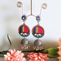 E0421_ Smashing German Silver oxidized crafted dangler with fabric pattern with a touch of stones & bead drops (medium size).
