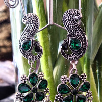 E0395_Gorgeous  peacock design danglers studded with green stones & with a touch of bead drops (long hangings).