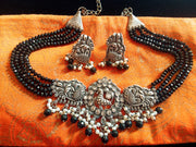 N0156_Exquisite pure German silver Oxidized necklace set studded with stones with a touch of black crystals & pearl drops.