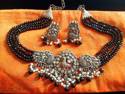 N0156_Exquisite pure German silver Oxidized necklace set studded with stones with a touch of black crystals & pearl drops.
