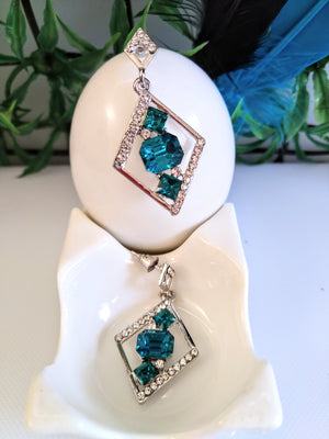 E0398_Gorgeous diamond shaped earrings studded with  blue & white color stones  (ear drop hangings).
