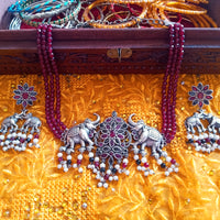 N0155_Exquisite pure German silver Oxidized necklace set studded with pink & black ruby stones with a touch of magenta crystals & pearls.